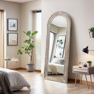 HomeRoots 71" Elegant White Solid Wood Arched Full-Length Mirror - Timeless Charm for Any Space 565055