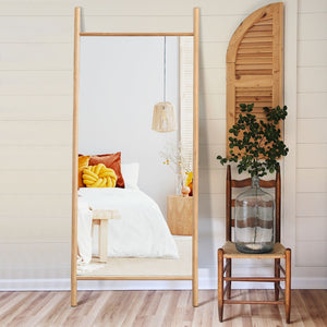 HomeRoots 71" Natural Solid Wood Leaning Mirror - Elegant Full-Length Design for Farmhouse & Modern Spaces 565058