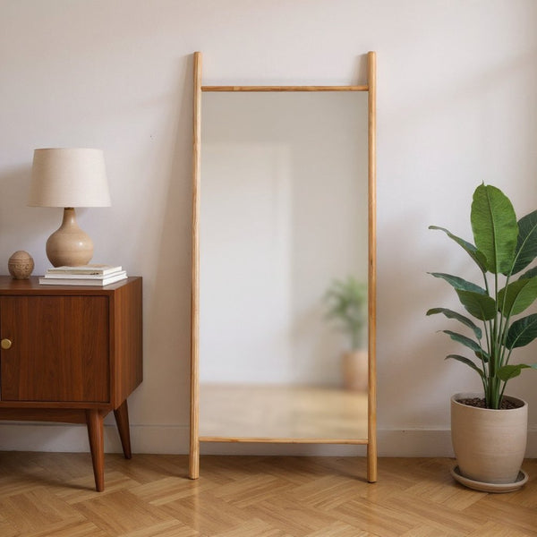 HomeRoots 71" Natural Solid Wood Leaning Mirror - Elegant Full-Length Design for Farmhouse & Modern Spaces 565058