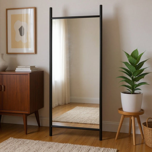 HomeRoots 71" Black Solid Wood Leaning Full-Length Mirror - Rustic Charm, Durable Design & Easy Setup! 565059