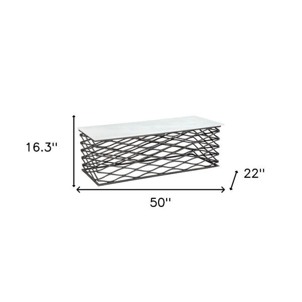 HomeRoots 50" White Marble and Antiqued Bronze Abstract Coffee Table - Modern Elegance for Any Space 565062