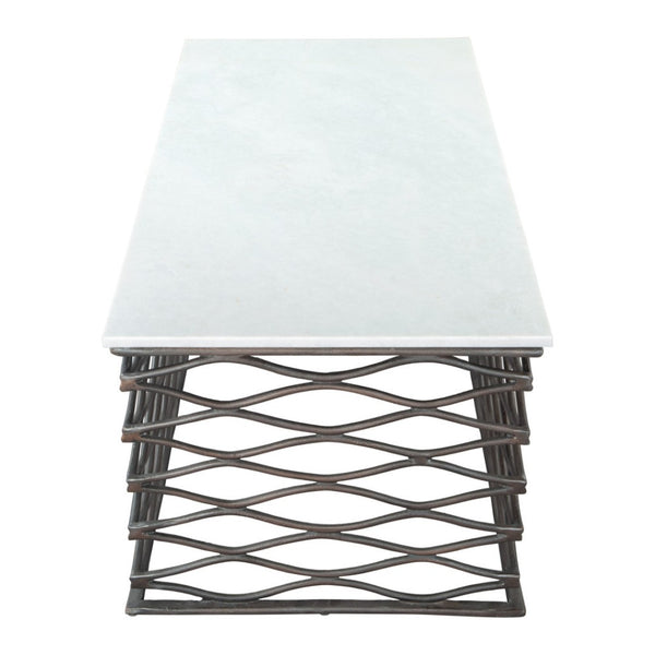 HomeRoots 50" White Marble and Antiqued Bronze Abstract Coffee Table - Modern Elegance for Any Space 565062