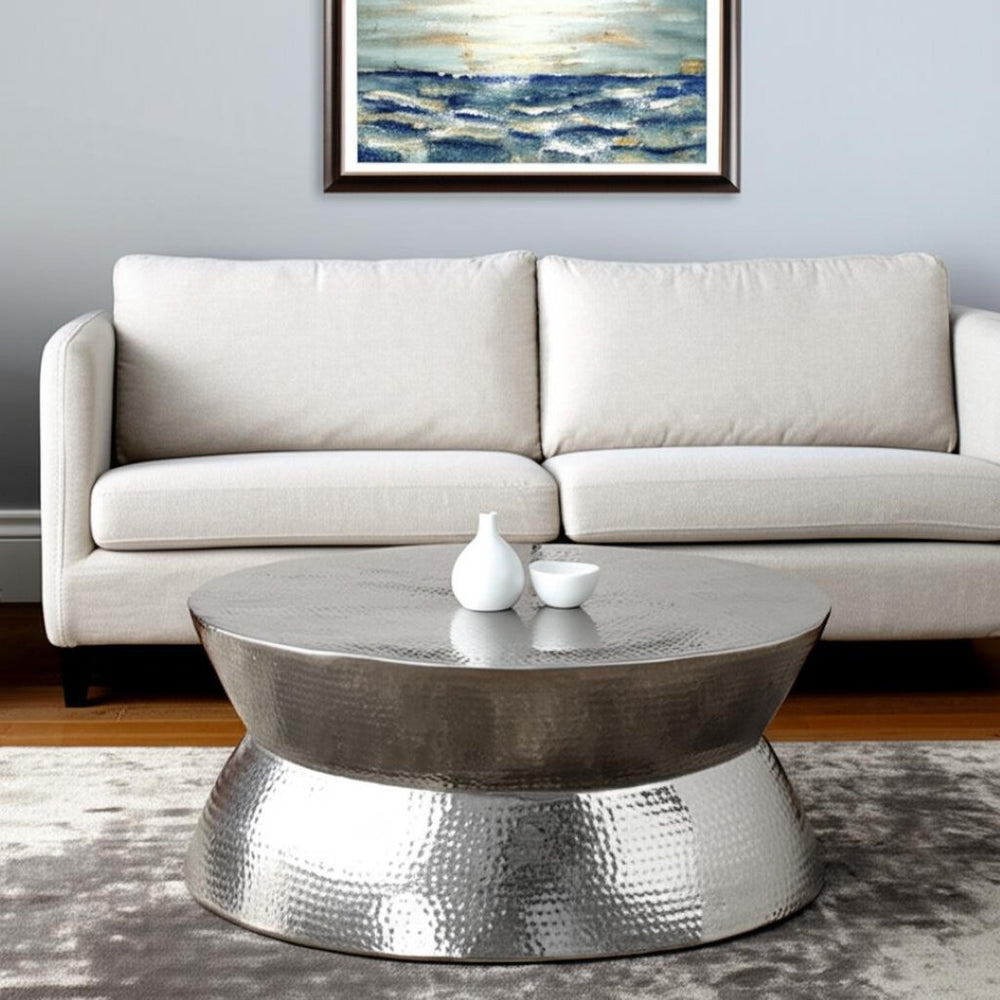 HomeRoots 37" Silver Aluminum Round Distressed Coffee Table – Vintage Charm with Modern Durability for Any Space 565064