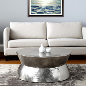 HomeRoots 37" Silver Aluminum Round Distressed Coffee Table – Vintage Charm with Modern Durability for Any Space 565064