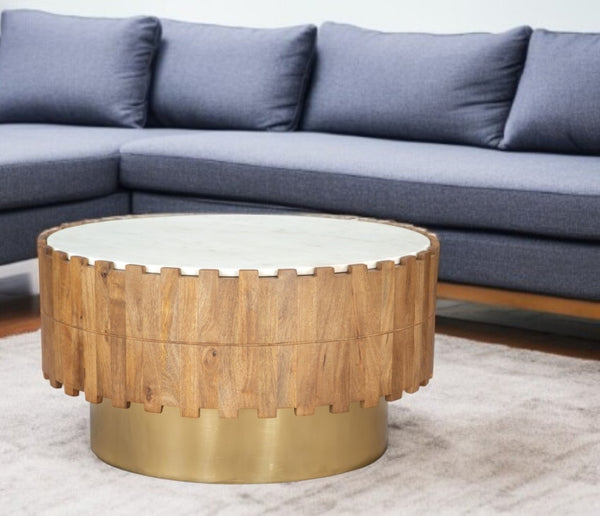 HomeRoots 31" Modern Gold Iron & Faux Marble Round Coffee Table – Chic Geometric Design for Any Space 565069