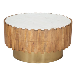 Homeroots 31" Gold Round Block Coffee Table With Faux Marble Top – Modern Geometric Accent For Any Space   565069