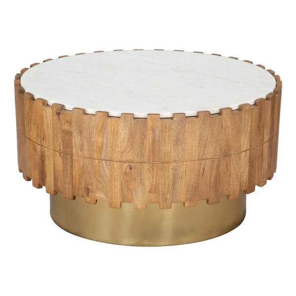 Homeroots 31" Gold Round Block Coffee Table With Faux Marble Top – Modern Geometric Accent For Any Space   565069