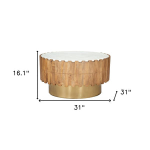 Homeroots 31" Gold Round Block Coffee Table With Faux Marble Top – Modern Geometric Accent For Any Space   565069