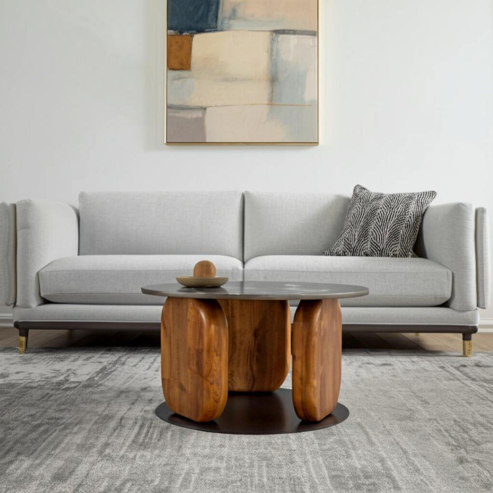 HomeRoots 30" Black and Brown Genuine Marble Round Coffee Table – Elegant Solid Wood Base for Any Space! 565071