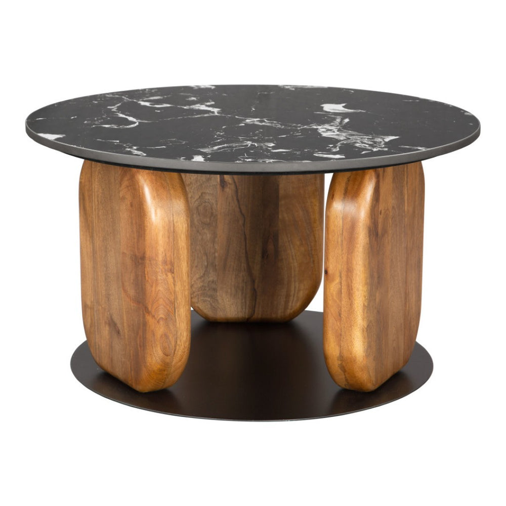 HomeRoots 30" Black and Brown Genuine Marble Round Coffee Table – Elegant Solid Wood Base for Any Space! 565071
