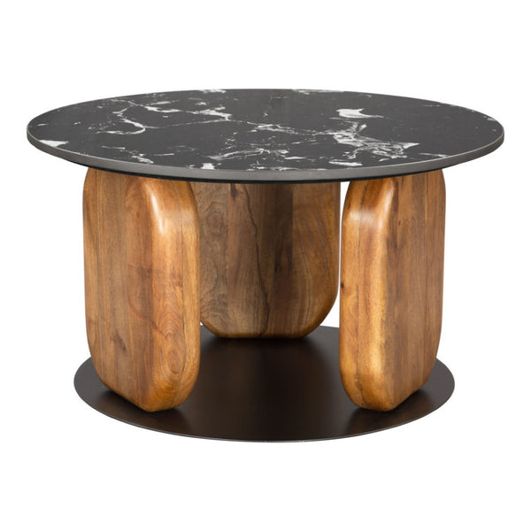HomeRoots 30" Black and Brown Genuine Marble Round Coffee Table – Elegant Solid Wood Base for Any Space! 565071
