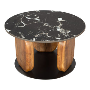 HomeRoots 30" Black and Brown Genuine Marble Round Coffee Table – Elegant Solid Wood Base for Any Space! 565071