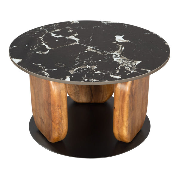 HomeRoots 30" Black and Brown Genuine Marble Round Coffee Table – Elegant Solid Wood Base for Any Space! 565071