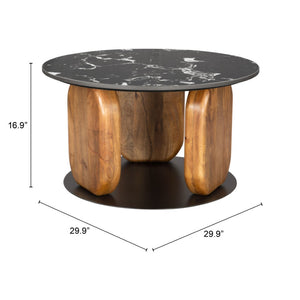 HomeRoots 30" Black and Brown Genuine Marble Round Coffee Table – Elegant Solid Wood Base for Any Space! 565071