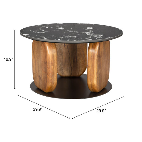 HomeRoots 30" Black and Brown Genuine Marble Round Coffee Table – Elegant Solid Wood Base for Any Space! 565071