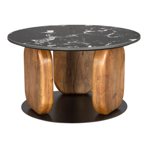 HomeRoots 30" Black and Brown Genuine Marble Round Coffee Table – Elegant Solid Wood Base for Any Space! 565071
