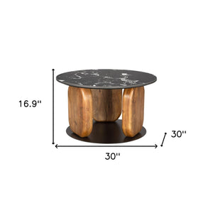 HomeRoots 30" Black and Brown Genuine Marble Round Coffee Table – Elegant Solid Wood Base for Any Space! 565071
