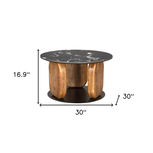 HomeRoots 30" Black and Brown Genuine Marble Round Coffee Table – Elegant Solid Wood Base for Any Space! 565071