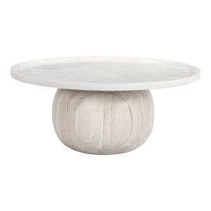 Homeroots 35" Modern Round Pedestal Coffee Table With White Faux Marble Top And Natural Wood Accent Finish   565074