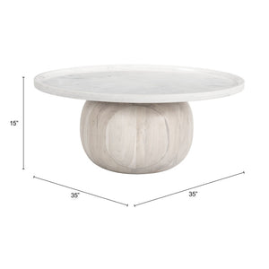 Homeroots 35" Modern Round Pedestal Coffee Table With White Faux Marble Top And Natural Wood Accent Finish   565074