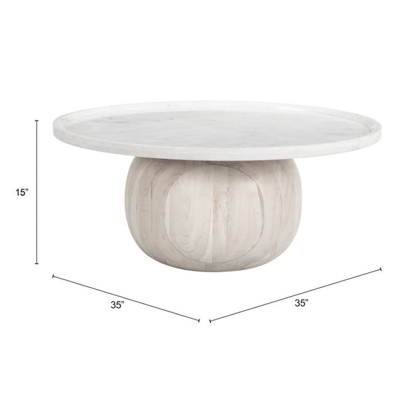 Homeroots 35" Modern Round Pedestal Coffee Table With White Faux Marble Top And Natural Wood Accent Finish   565074