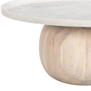 Homeroots 35" Modern Round Pedestal Coffee Table With White Faux Marble Top And Natural Wood Accent Finish   565074