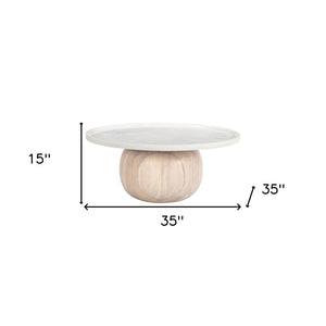 Homeroots 35" Modern Round Pedestal Coffee Table With White Faux Marble Top And Natural Wood Accent Finish   565074
