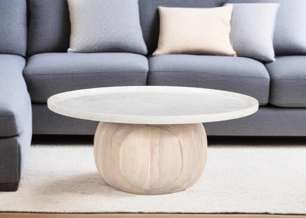 Homeroots 35" Modern Round Pedestal Coffee Table With White Faux Marble Top And Natural Wood Accent Finish   565074