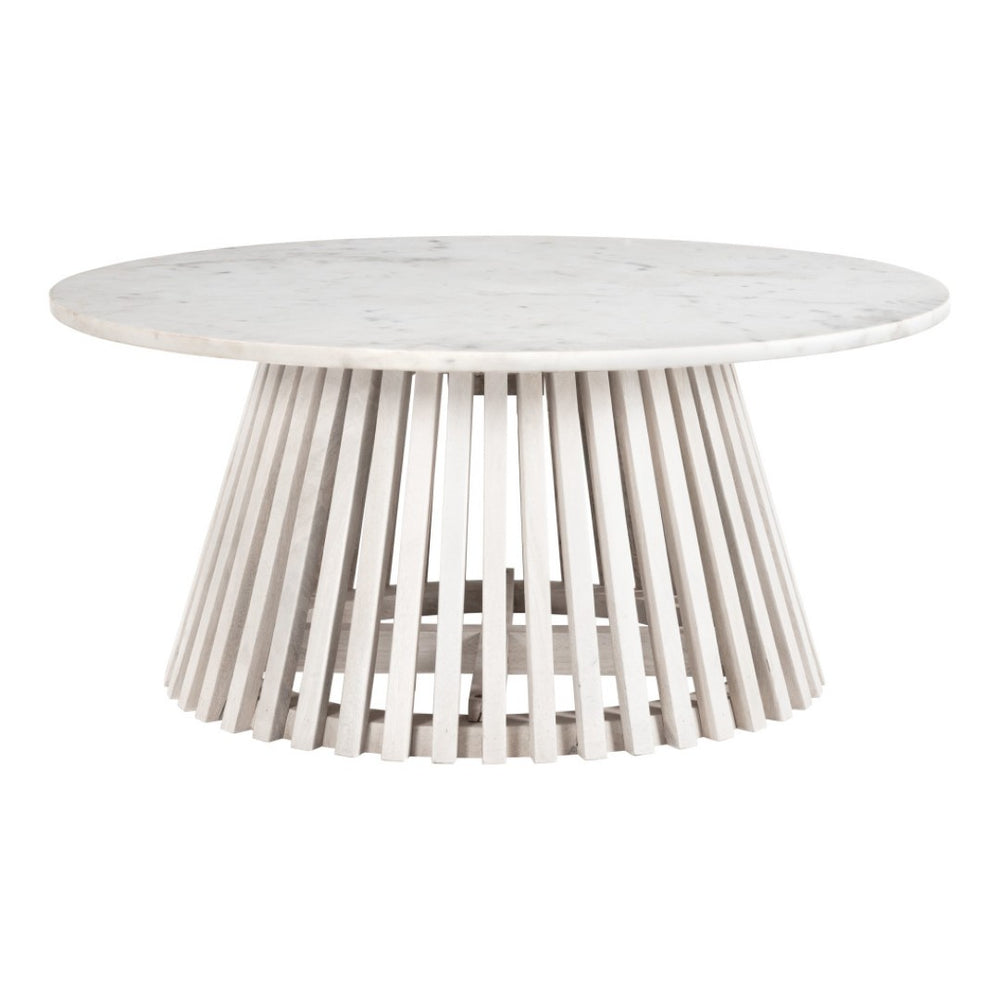 HomeRoots 32" White Marble & Solid Wood Round Drum Coffee Table – Modern Elegance for Any Living Space! 565075