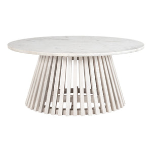 HomeRoots 32" White Marble & Solid Wood Round Drum Coffee Table – Modern Elegance for Any Living Space! 565075