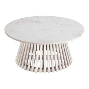 HomeRoots 32" White Marble & Solid Wood Round Drum Coffee Table – Modern Elegance for Any Living Space! 565075