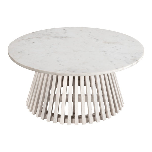 HomeRoots 32" White Marble & Solid Wood Round Drum Coffee Table – Modern Elegance for Any Living Space! 565075