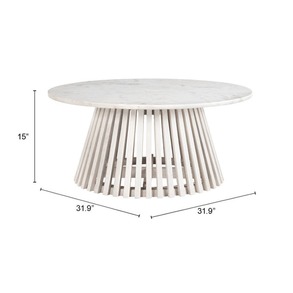 HomeRoots 32" White Marble & Solid Wood Round Drum Coffee Table – Modern Elegance for Any Living Space! 565075