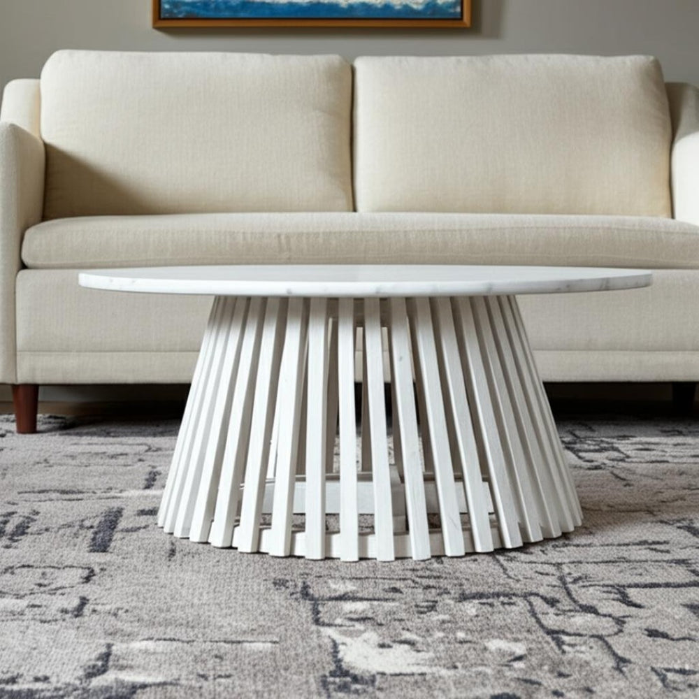 HomeRoots 32" White Marble & Solid Wood Round Drum Coffee Table – Modern Elegance for Any Living Space! 565075