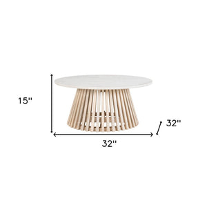 HomeRoots 32" White Marble & Solid Wood Round Drum Coffee Table – Modern Elegance for Any Living Space! 565075