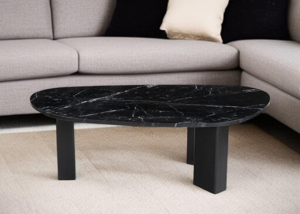 HomeRoots 54" Black Marble & Wood Free Form Coffee Table - Modern Geometric Design for Chic Living Spaces 565078