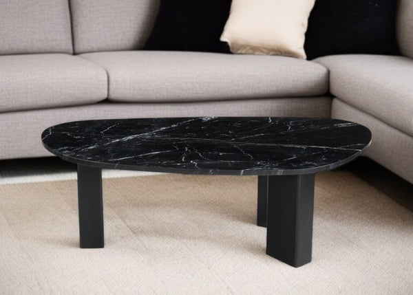 HomeRoots 54" Black Marble & Wood Free Form Coffee Table - Modern Geometric Design for Chic Living Spaces 565078