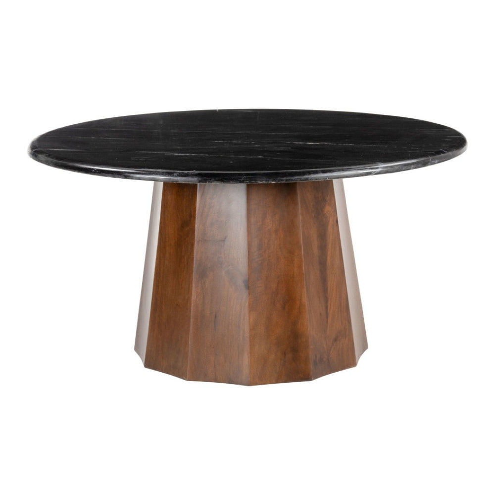 HomeRoots 35" Black Marble & Walnut Round Pedestal Coffee Table - Elegant Design for Modern Living Spaces 565083