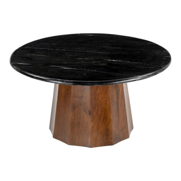 HomeRoots 35" Black Marble & Walnut Round Pedestal Coffee Table - Elegant Design for Modern Living Spaces 565083