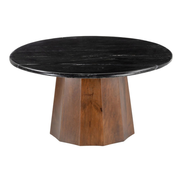 HomeRoots 35" Black Marble & Walnut Round Pedestal Coffee Table - Elegant Design for Modern Living Spaces 565083