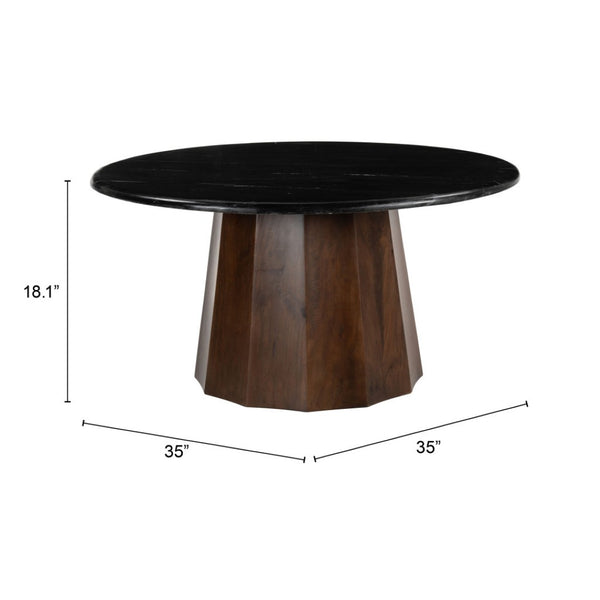 HomeRoots 35" Black Marble & Walnut Round Pedestal Coffee Table - Elegant Design for Modern Living Spaces 565083