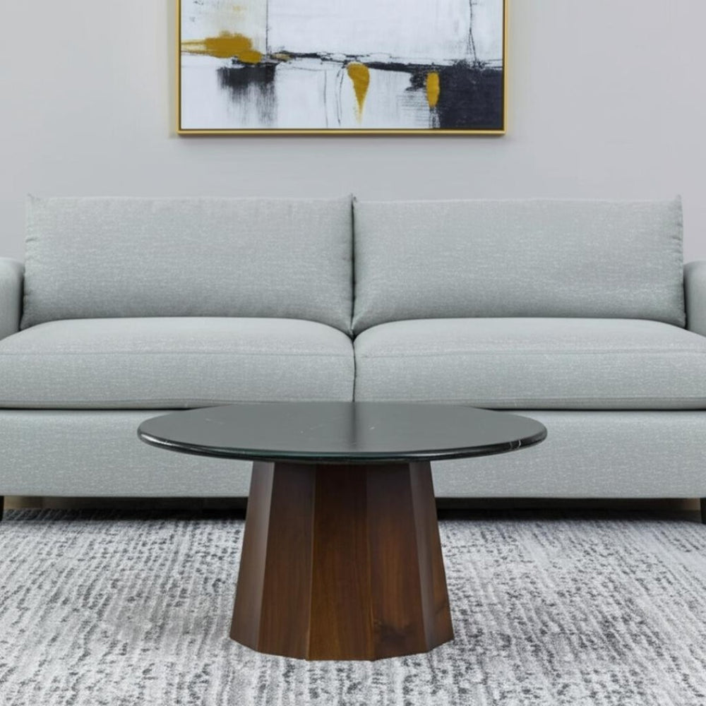 HomeRoots 35" Black Marble & Walnut Round Pedestal Coffee Table - Elegant Design for Modern Living Spaces 565083