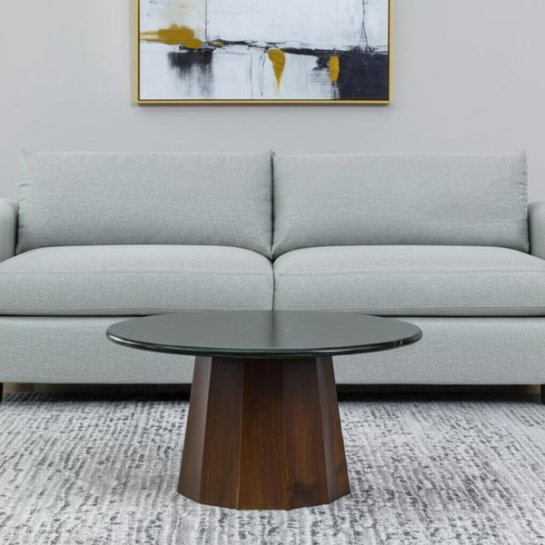 HomeRoots 35" Black Marble & Walnut Round Pedestal Coffee Table - Elegant Design for Modern Living Spaces 565083