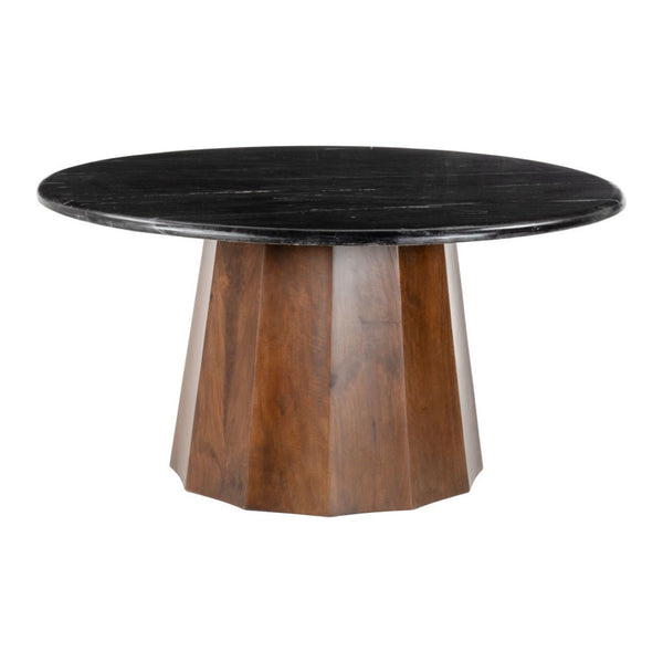 HomeRoots 35" Black Marble & Walnut Round Pedestal Coffee Table - Elegant Design for Modern Living Spaces 565083