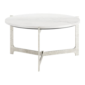 HomeRoots 30" White Marble & Silver Aluminum Round Coffee Table - Elegant Modern Design for Any Space 565084