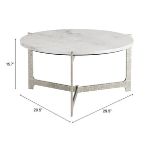 HomeRoots 30" White Marble & Silver Aluminum Round Coffee Table - Elegant Modern Design for Any Space 565084