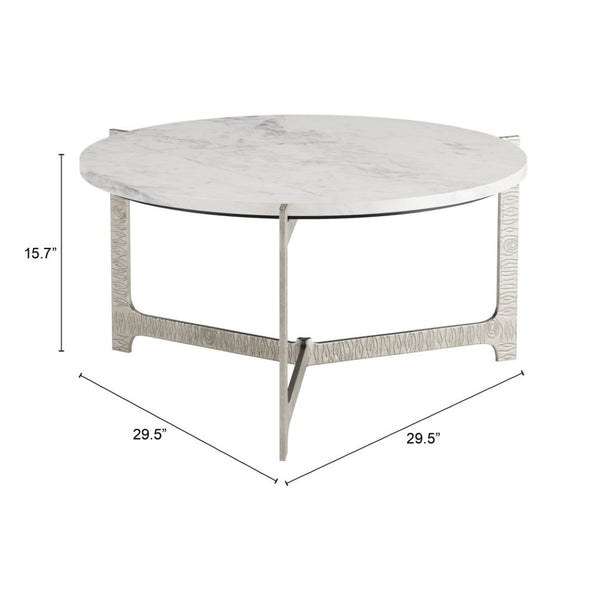 HomeRoots 30" White Marble & Silver Aluminum Round Coffee Table - Elegant Modern Design for Any Space 565084