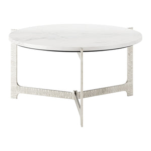 HomeRoots 30" White Marble & Silver Aluminum Round Coffee Table - Elegant Modern Design for Any Space 565084