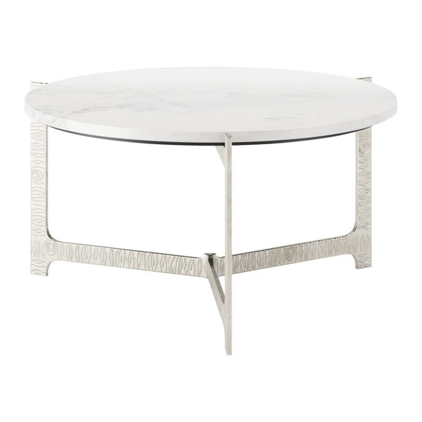 HomeRoots 30" White Marble & Silver Aluminum Round Coffee Table - Elegant Modern Design for Any Space 565084