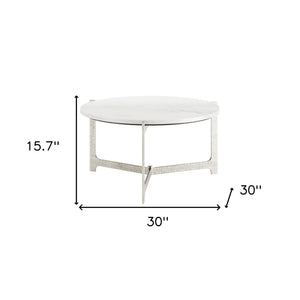 HomeRoots 30" White Marble & Silver Aluminum Round Coffee Table - Elegant Modern Design for Any Space 565084